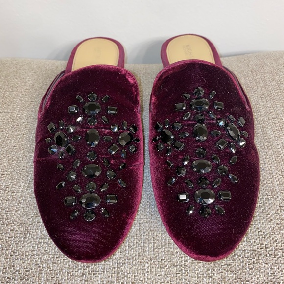 Michael Kors Crystal-Embellished Slip-On Flat Mules in Burgundy Velvet Dark red - Picture 2 of 8